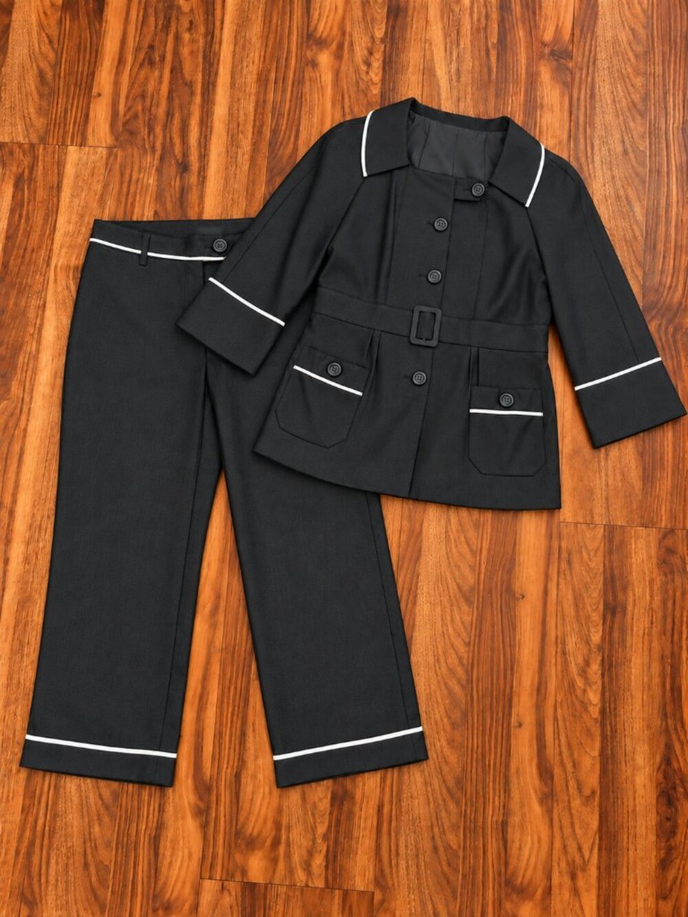 Kenar Black & White Contrast Piping Belted Pantsuit Set Size 10